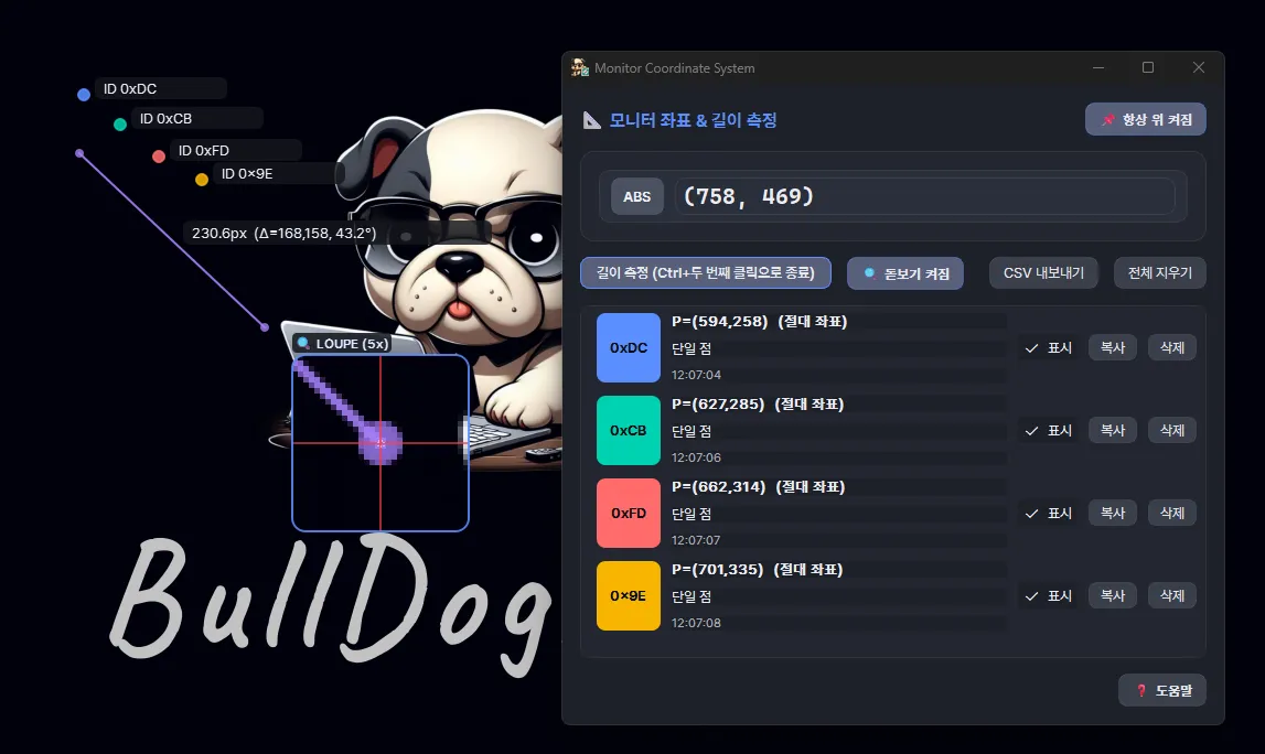 Monitor Coordinate System 메인 화면 및 측정 프리뷰