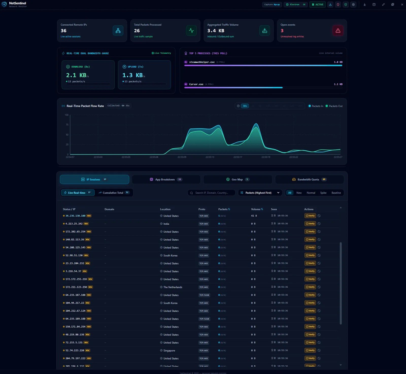 NetSentinel 메인 프리뷰 — Network Monitor 대시보드