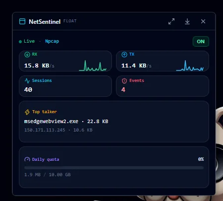 NetSentinel FLOAT — RX/TX, 세션·이벤트, top talker, 일일 쿼터