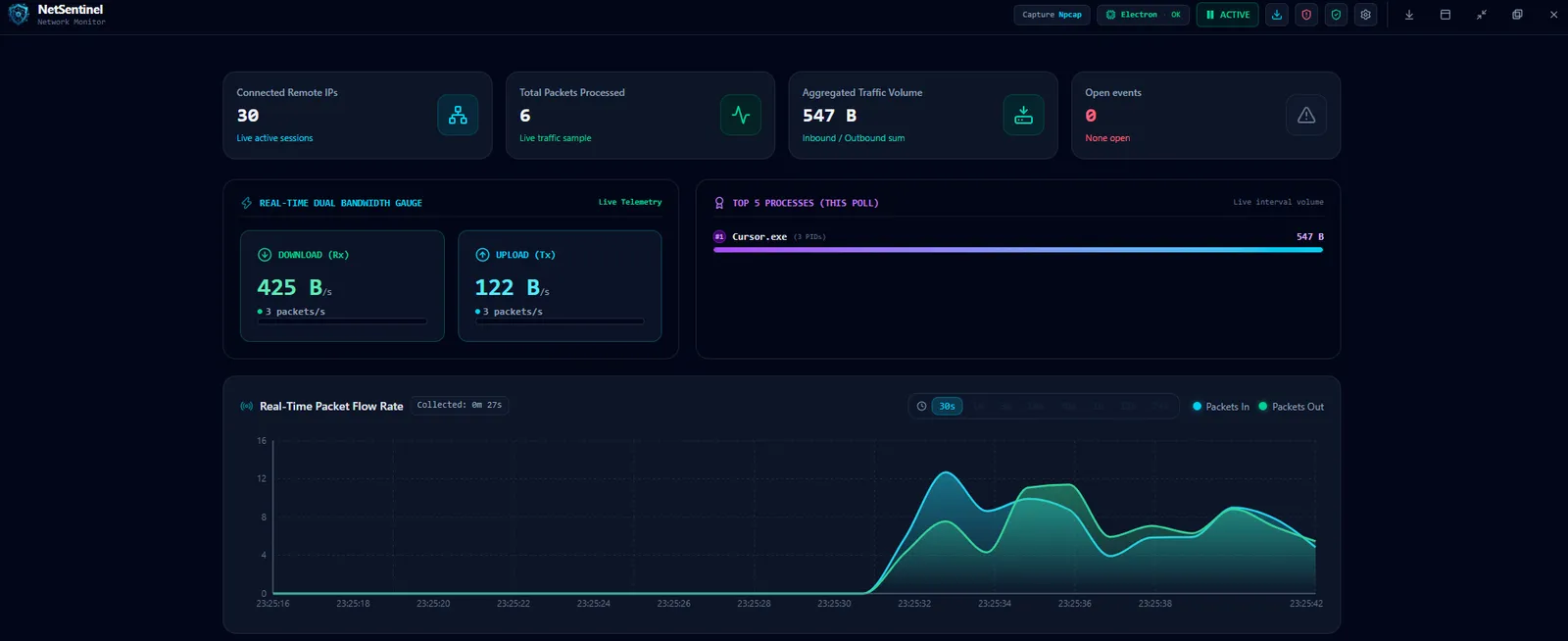 NetSentinel 메인 대시보드 — 원격 IP·패킷·대역폭 게이지와 차트