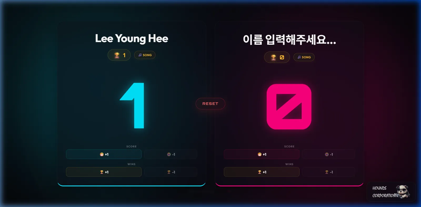 Web ScoreBoard 메인 화면 — 점수판, 세트 스코어 및 네온 테마