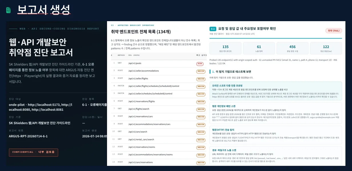 Argus 설명 3단계의 웹 API 개발보안 취약점 진단 보고서 생성 화면