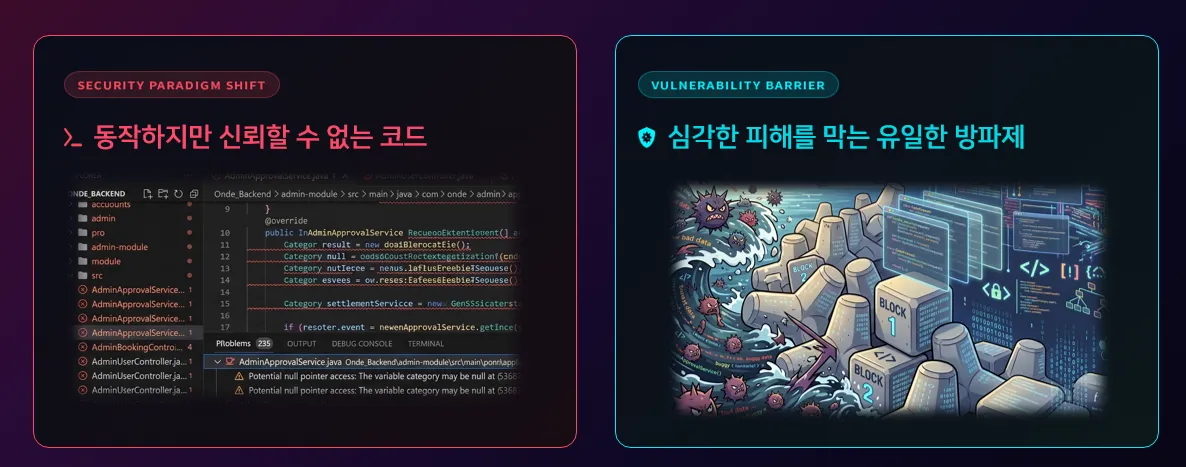 동작하지만 신뢰할 수 없는 코드와 피해를 막는 방파제를 색 대비로 보여 주는 PPT 슬라이드